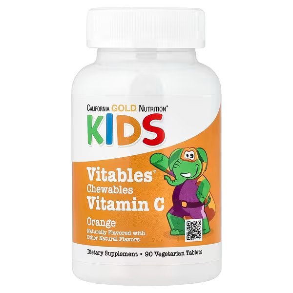 California Gold Nutrition, Vitables, Vitamina C masticable con complejo de bioflavonoides para niños, Naranja, 90 comprimidos vegetales
