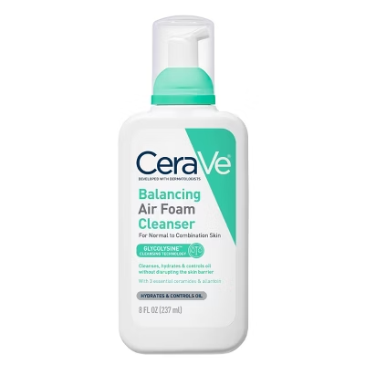 CeraVe Jabón facial de espuma de aire equilibrante, limpiador facial espumoso para piel mixta, control de aceite de 8 horas + hidratación 24 horas, sin fragancia y no comedogénico, con glicolisina