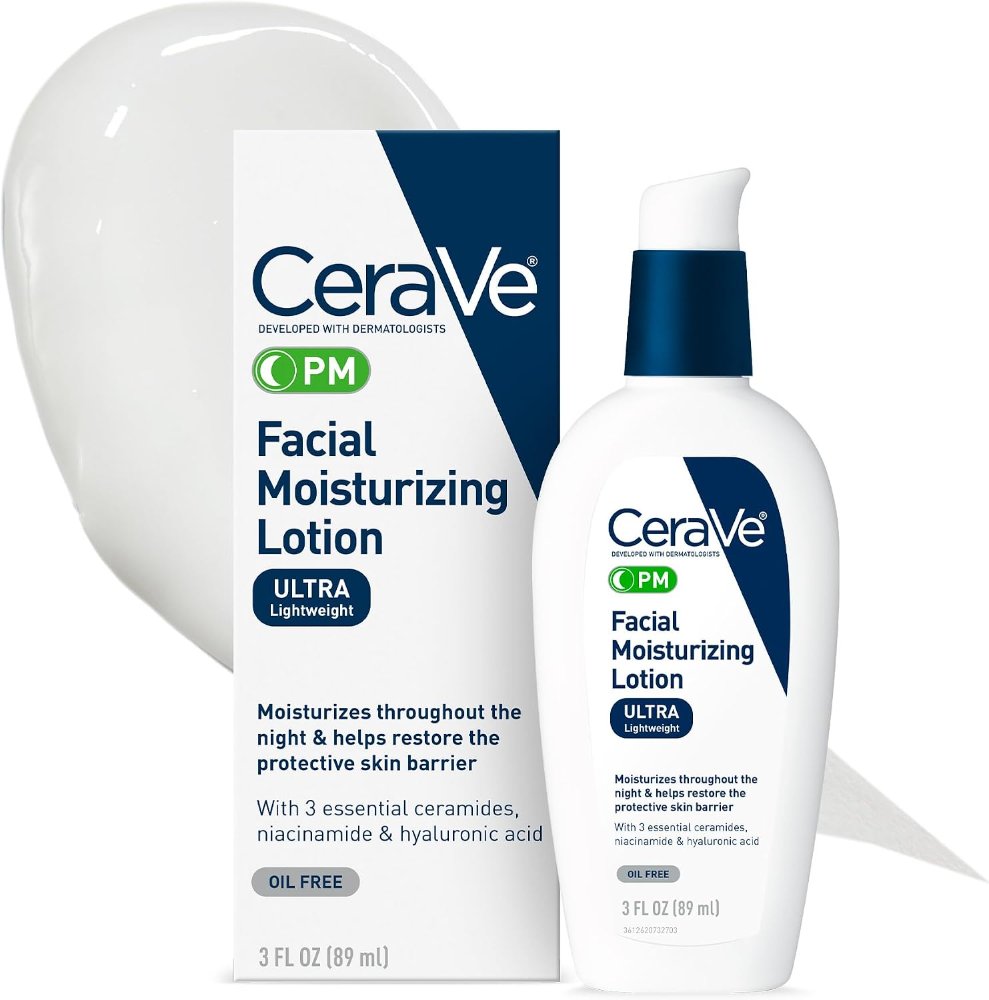 CeraVe PM - Loción hidratante facial, crema de noche con ácido hialurónico y niacinamida, ultraligera, sin aceite, hidratante para cara, 3 onzas