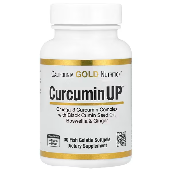 California Gold Nutrition, CurcuminUP con complejo de curcumina con omega-3, aceite de semilla de comino negro, Boswellia y jengibre, 30 cápsulas blandas de gelatina de pescado