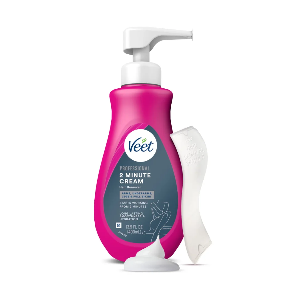 VEET Crema profesional de 2 minutos para todo tipo de piel con manteca de karité, depilación completa efectiva de bikini y vello púbico
