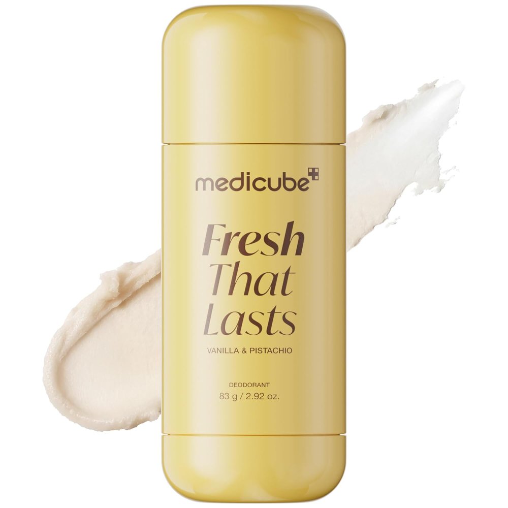 medicube Desodorante sin aluminio de ácido kójico y cúrcuma, barra perfumada de vainilla y pistacho, protección contra olores durante todo el día para mujeres y hombres, cuidado iluminador de axilas