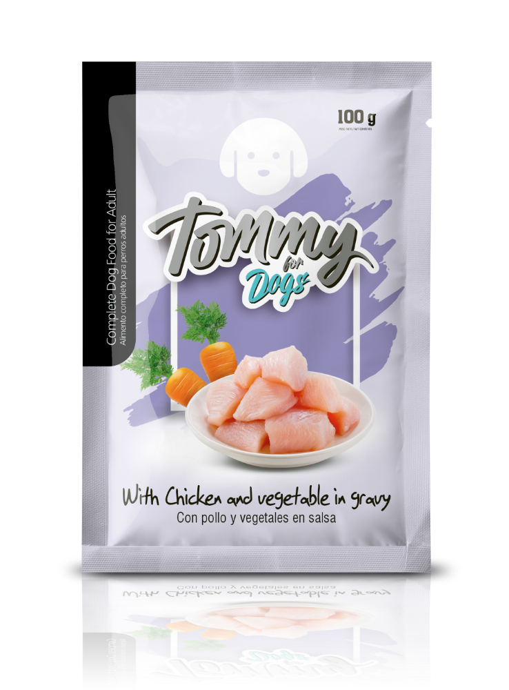 POUCH TOMMY PERRO ADULTO POLLO Y VEGETALES X 100 GRS