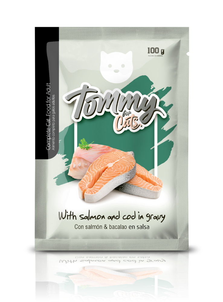 POUCH TOMMY GATO ADULTO SALMON Y BACALAO X 100 GRS.