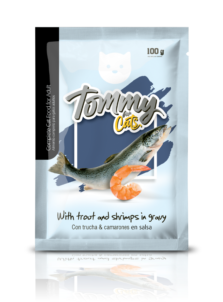 POUCH TOMMY GATO ADULTO TRUCHA Y CAMARONES X 100 GRS.