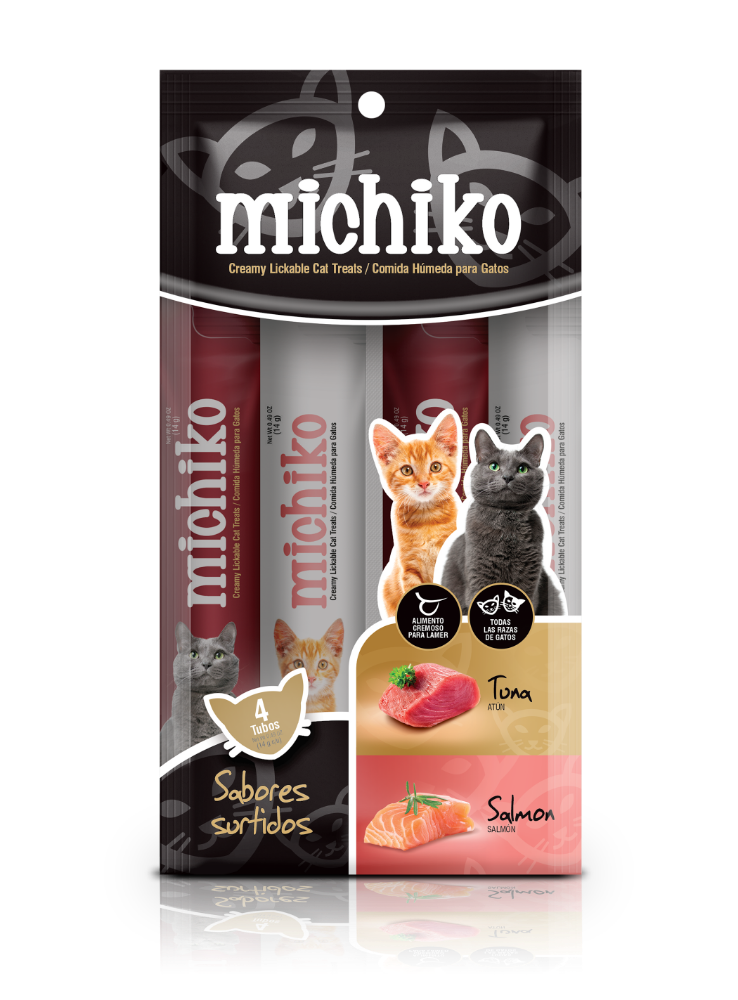 MICHICKO SACHETS SURTIDOS ATUN Y SALMON X 4 UNIDADES.