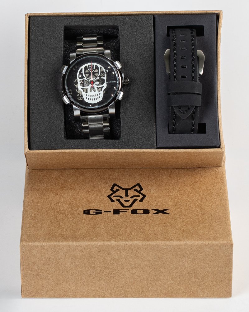 G-fox calavera doble manilla metálica y cuero negro