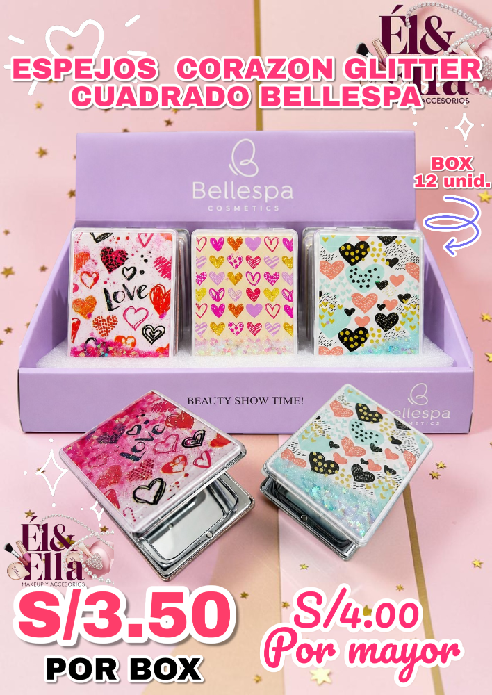 ESPEJOS  CORAZON GLITTER CUADRADO BELLESPA
