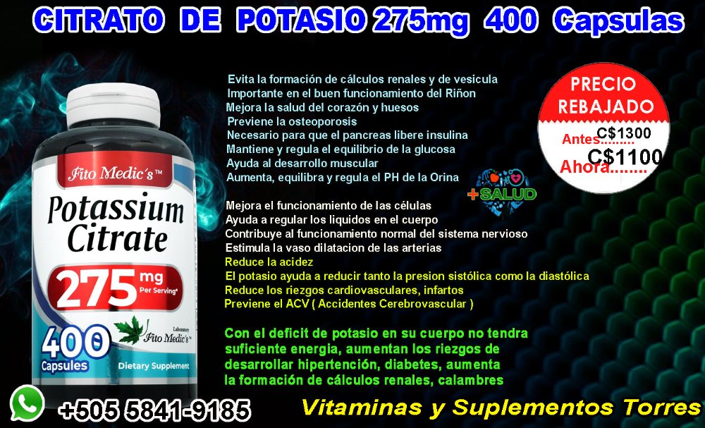 Citrato de Potasio 275mg 400 Capsulas