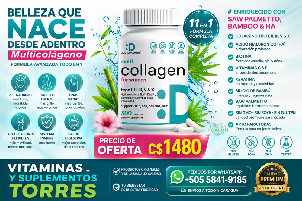 Multicolágeno Hidrolizado, Ácido Hialurónico, Vitamina C, Vitamina E, Keratina Frasco de 300 Cápsulas
