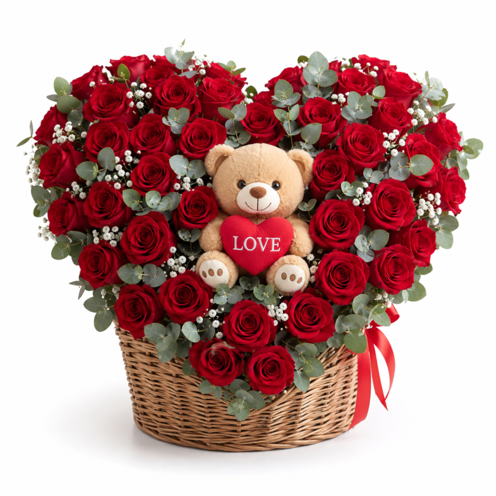BIENVENIDO AMOR: Canasta de rosas y eucalipto en forma de corazón