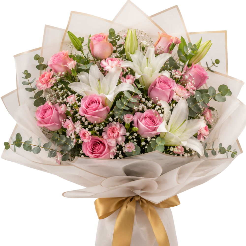 BONITA: Bouquet de rosas, claveles y lirios