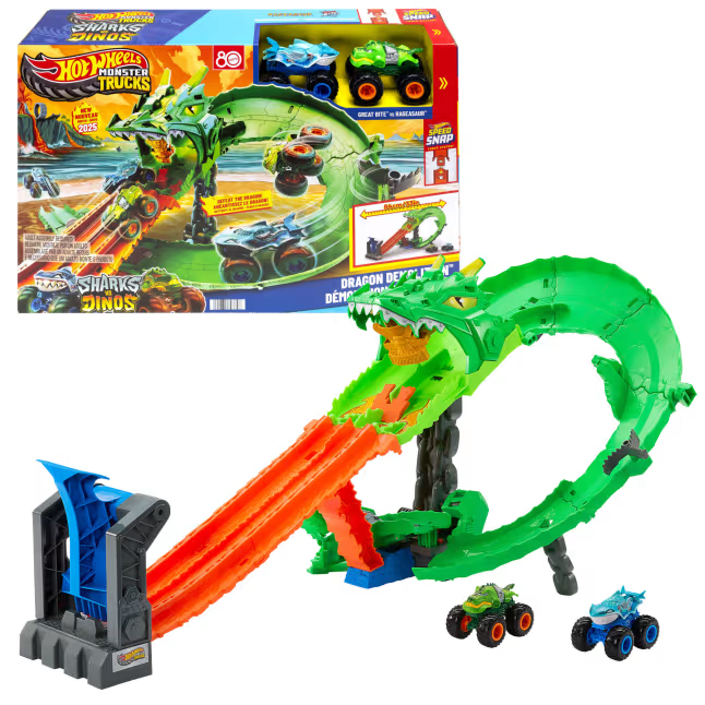 HOT WHEELS MONSTER TRUCKS SHARKS VS DINOS DRAGON DESTRUCTION PLAYSET & 2 TOY TRUCKS