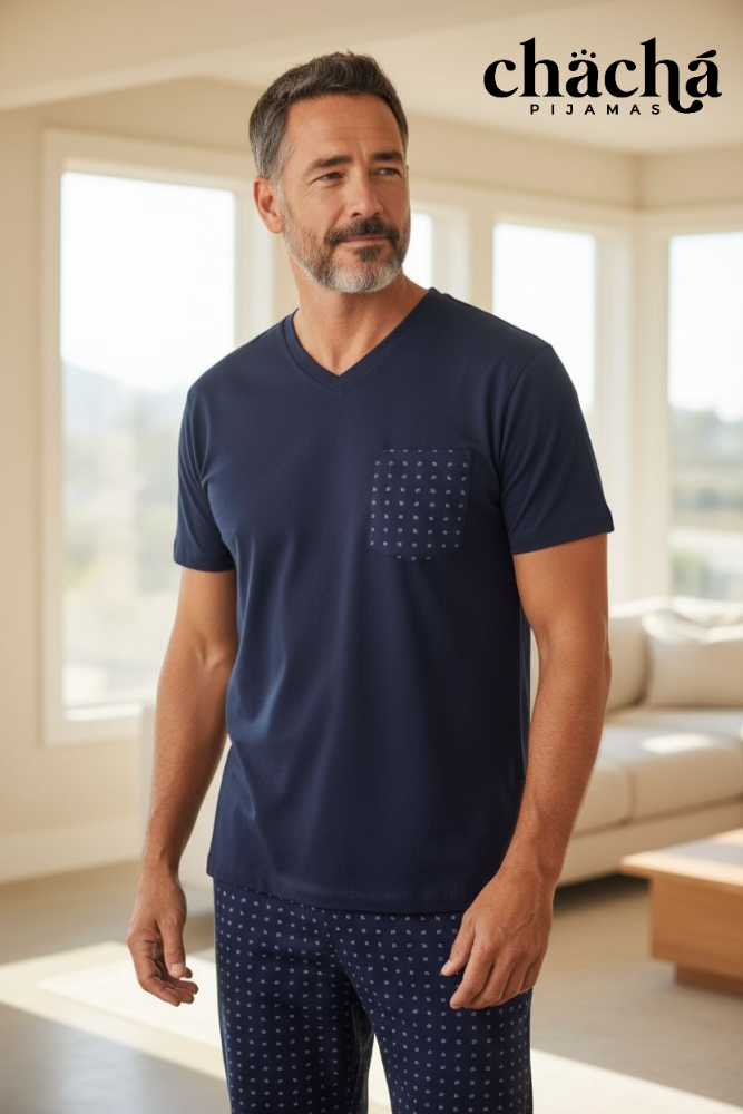 Pijama Hombre azul pantalón estampado cuello V manga corta TM