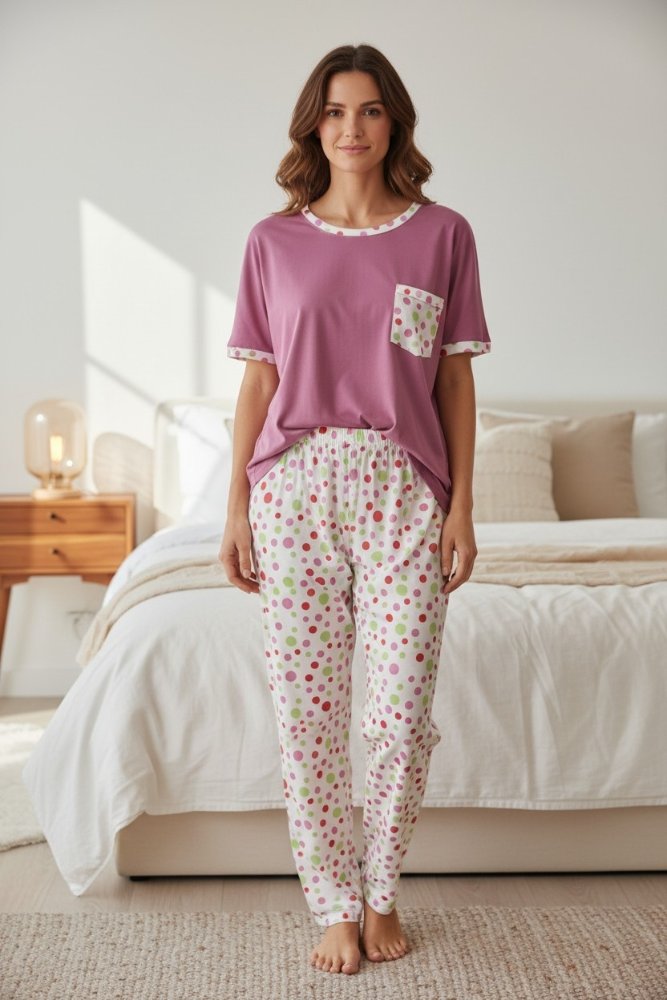 Pijama Mujer lila pantalón bolas colores manga corta s/b TL TS