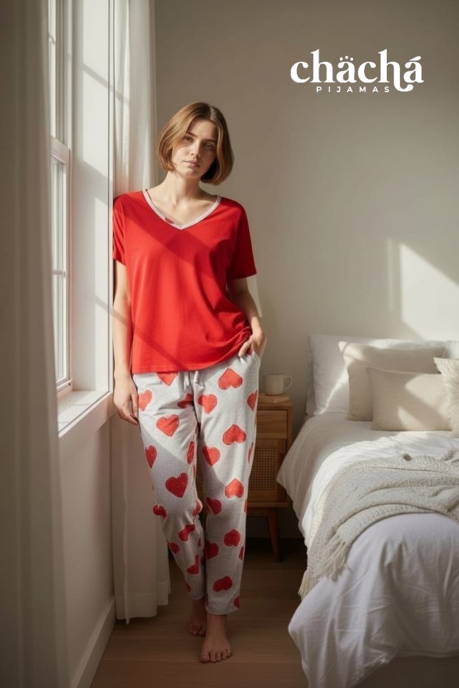 Pijama Mujer roja corazones manga corta TS