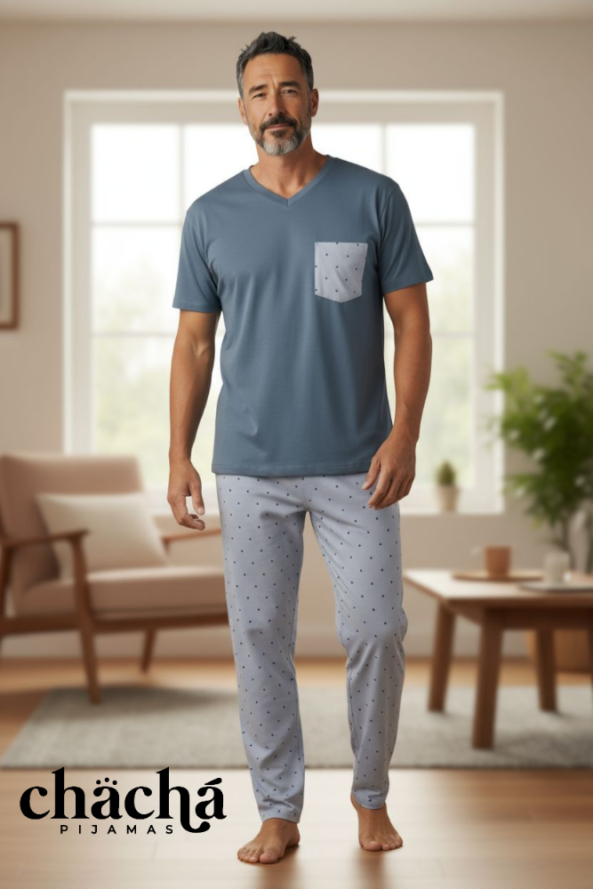 Pijama Hombre acero pantalón estrellas manga corta TL TM TXL