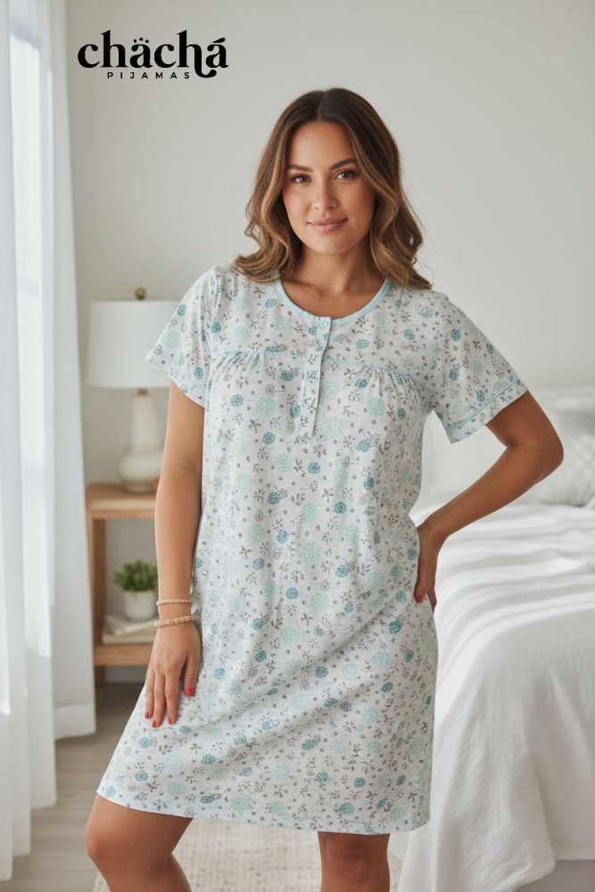 Bata Mujer de dormir blanca con flores turquesa TM