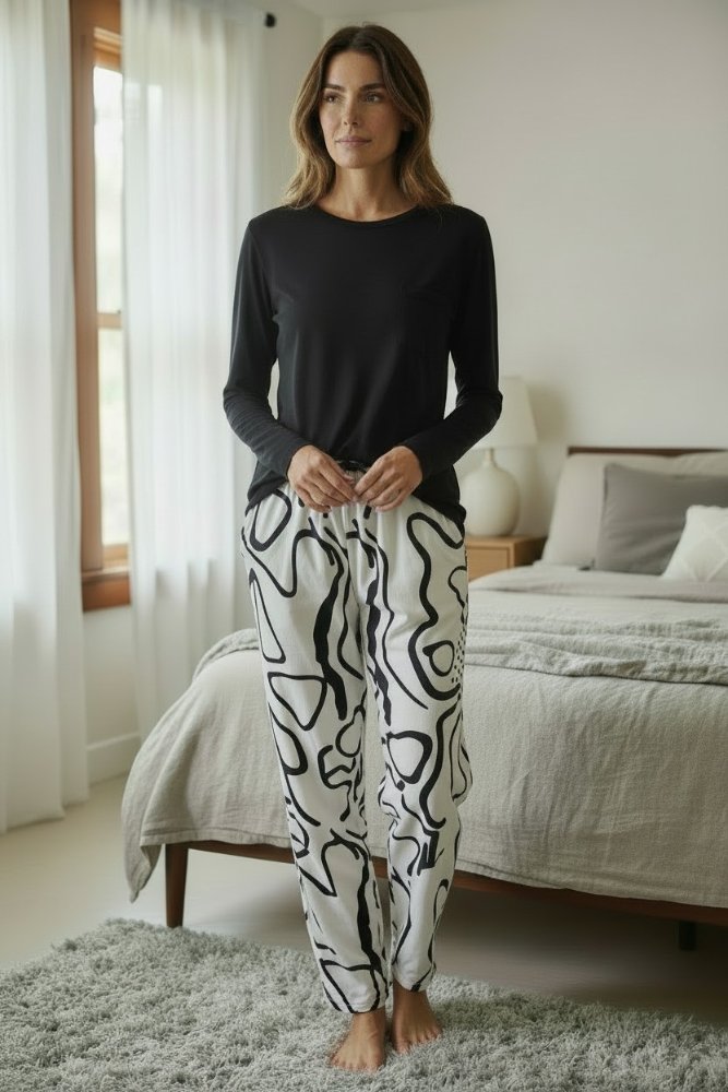 Pijama Mujer negro y blanco manga larga TL TM TS