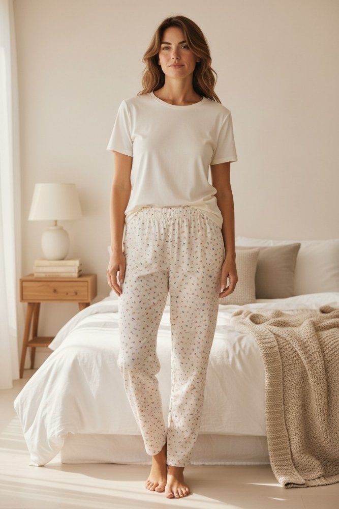 Pijama Mujer perla con pantalón flores manga corta TL TM TS TXL