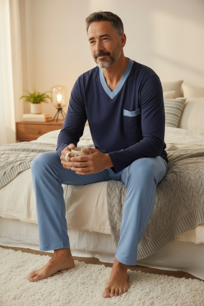 Pijama Hombre azul pantalón celeste cuello V manga larga TL