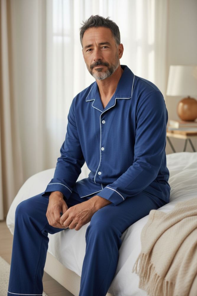 Pijama Hombre azul manga larga con botones TM