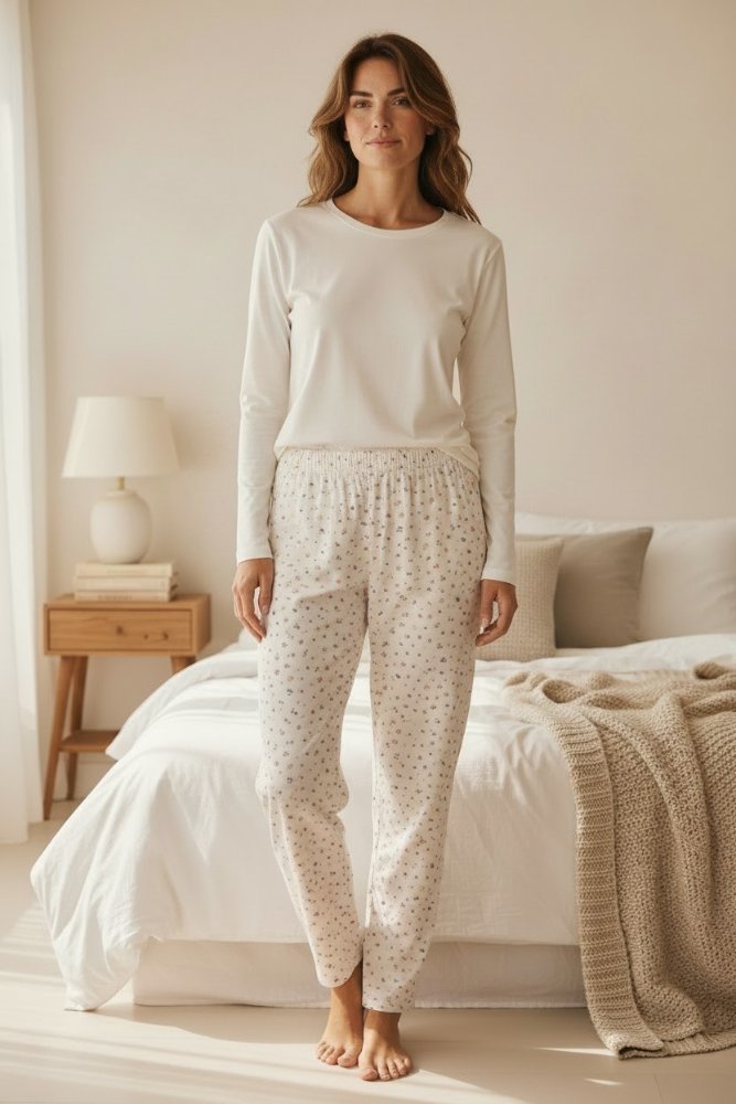 Pijama Mujer perla con pantalón flores manga larga TL TM TS
