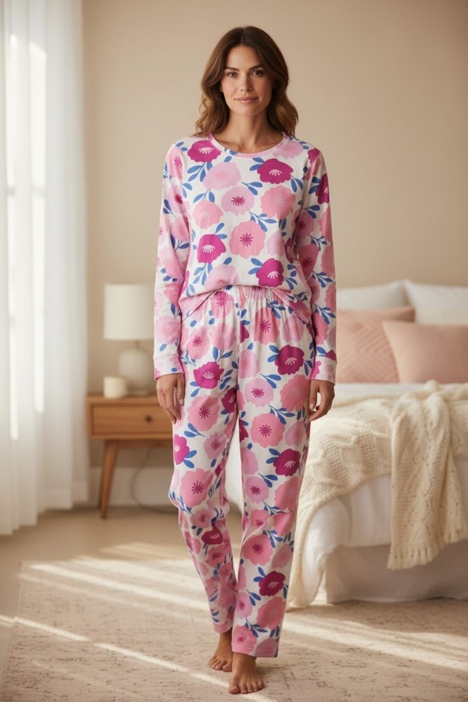 Pijama Mujer blanco con flores fucsia manga larga TL TM