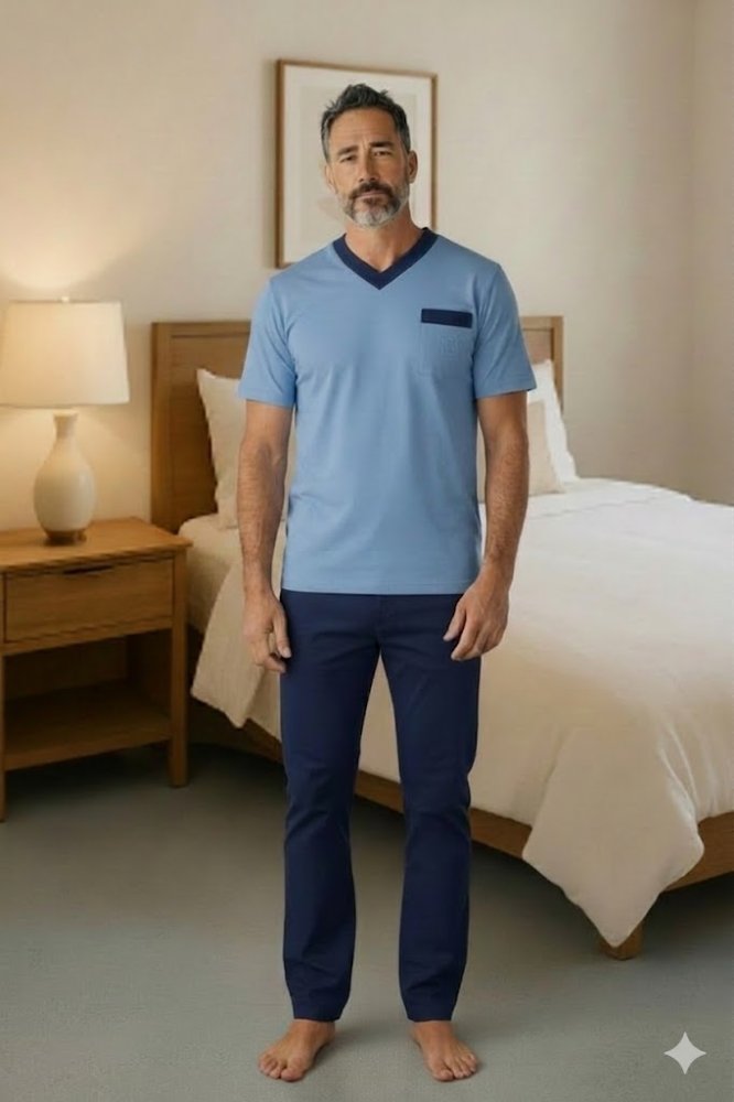 Pijama Hombre celeste pantalón azul cuello V manga corta TL