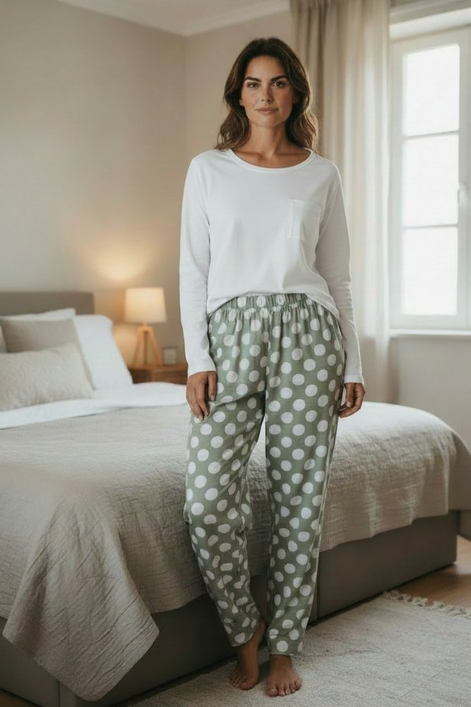 Pijama Mujer perla pantalón verde y bolas perla manga larga s/b TL TS