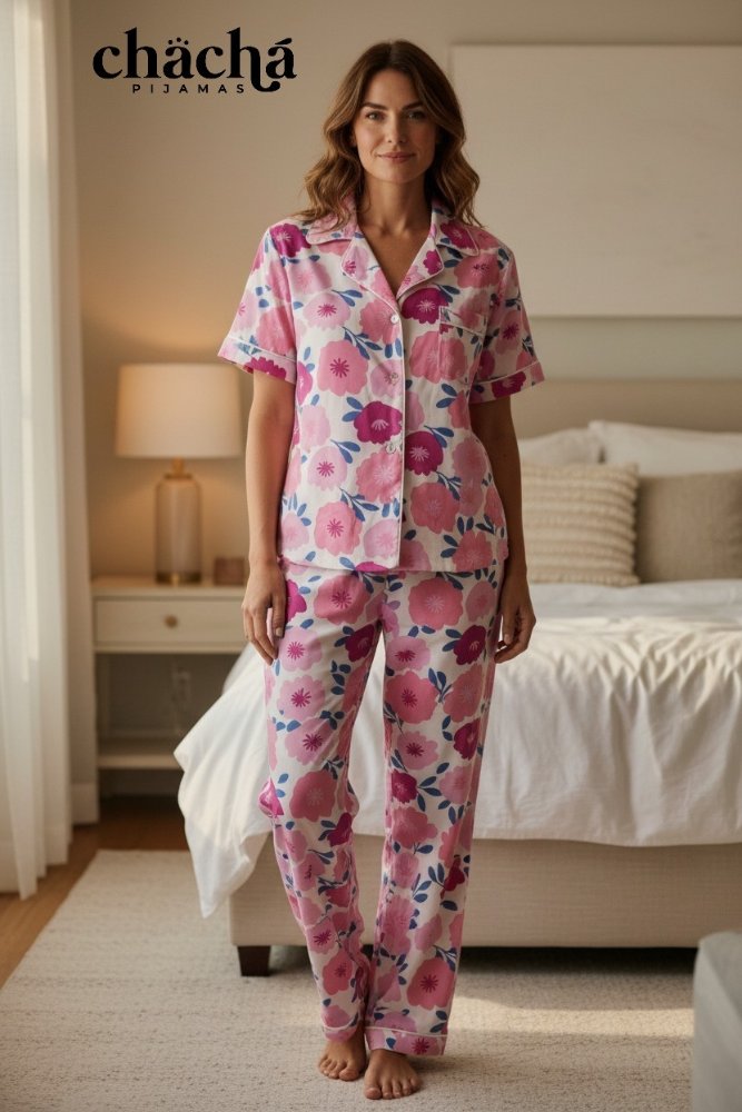 Pijama Mujer blanco con flores fucsia manga corta c/b TL TM TXL