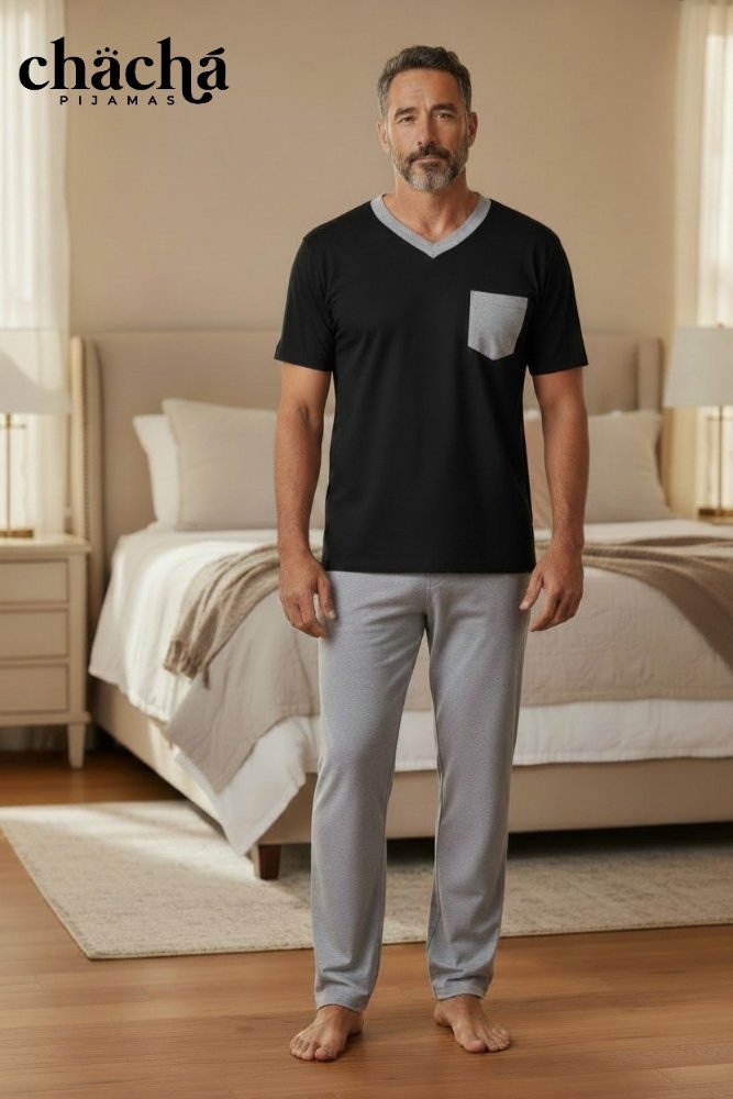 Pijama Hombre negra pantalón gris cuello V manga corta TL TM