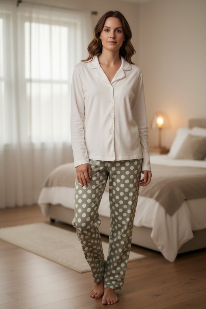 Pijama Mujer perla pantalón verde y bolas perla manga larga c/b TXL
