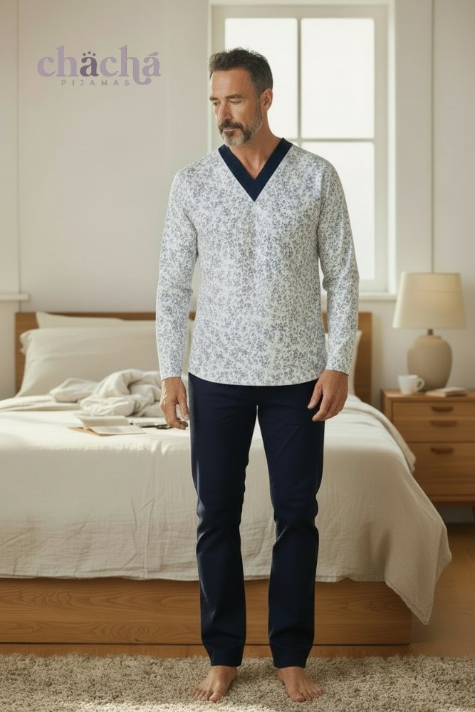 Pijama Hombre azul estampado cuello V manga larga TXL