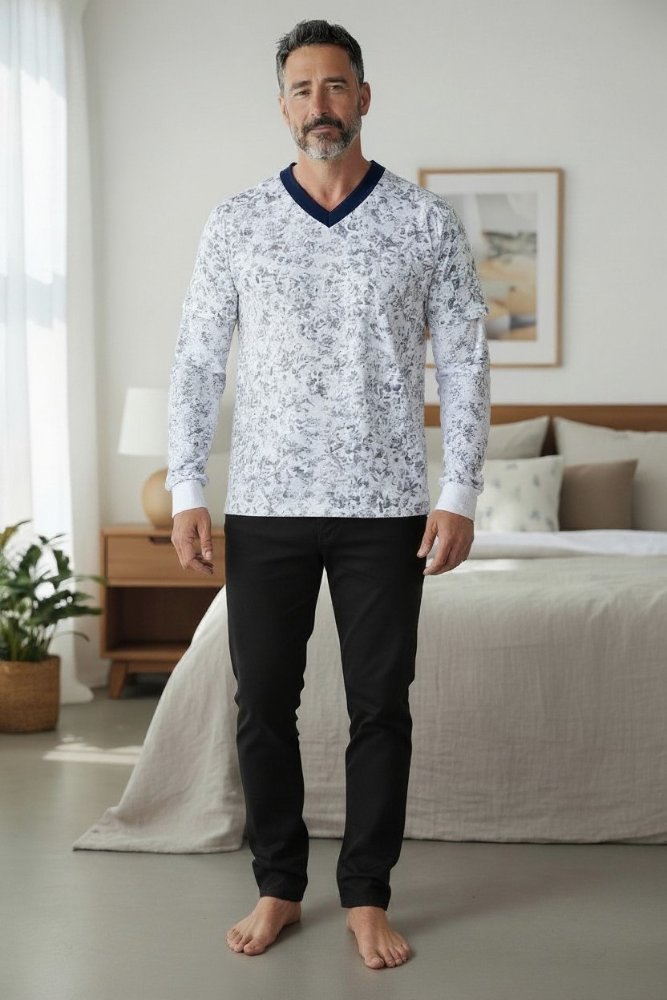 Pijama Hombre negro estampado cuello V manga larga TXL