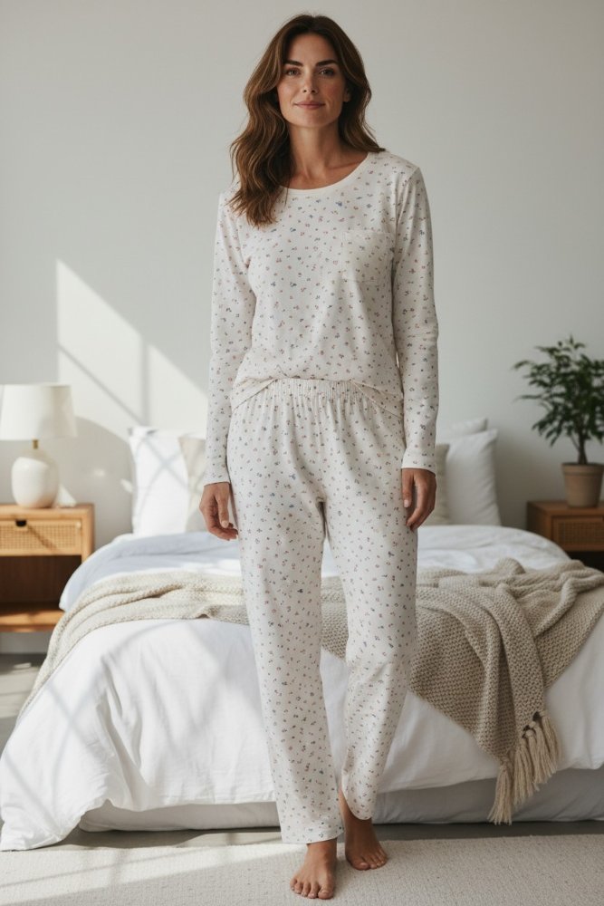 Pijama Mujer perla con flores manga larga TL