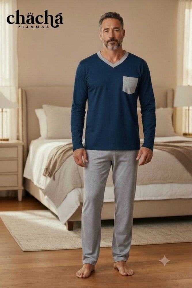 Pijama Hombre azul oscuro con pantalón gris cuello V manga larga TL TM
