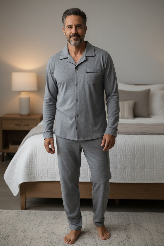 Pijama Hombre gris manga larga con botones TM