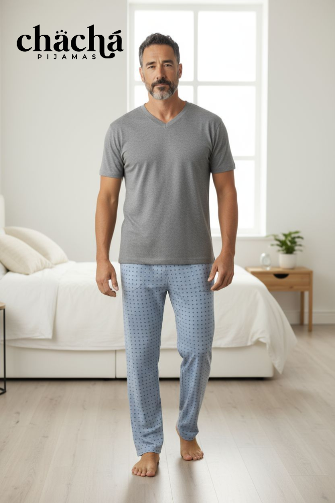 Pijama Hombre gris con pantalón celeste manga corta TXL
