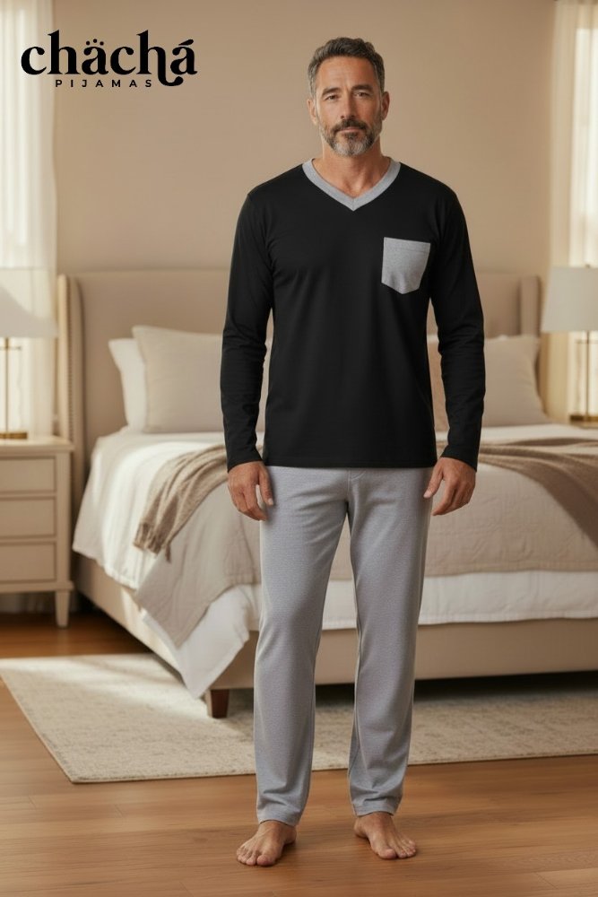 Pijama Hombre negro con pantalón gris cuello V manga larga TL TM