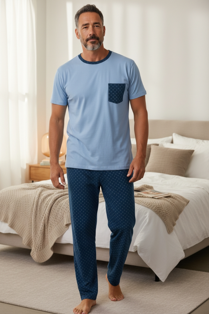 Pijama Hombre celeste pantalón estampado manga corta TL TM