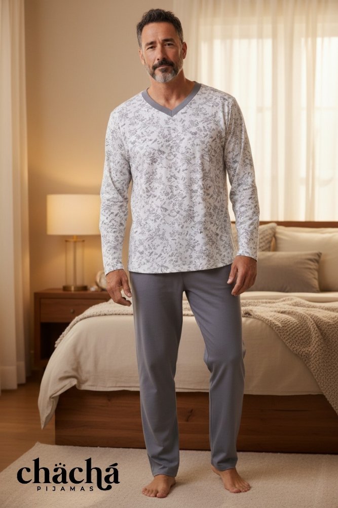 Pijama Hombre gris estampado cuello V manga larga TL TM TXL