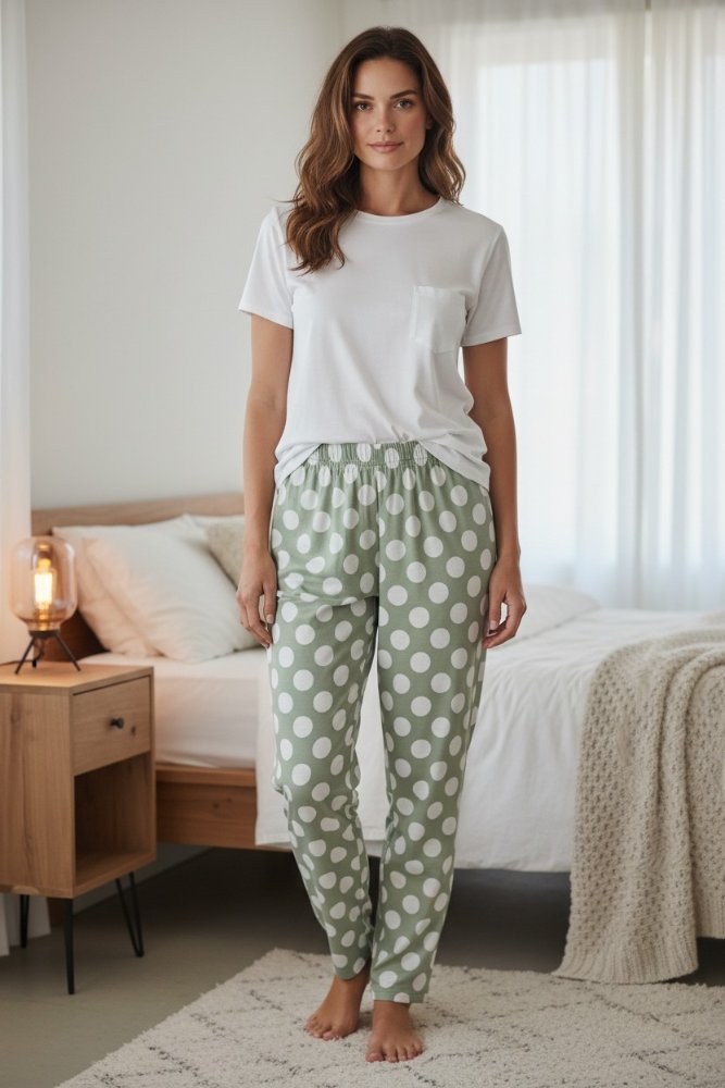 Pijama Mujer perla pantalón verde y bolas perla manga corta s/b TL TS