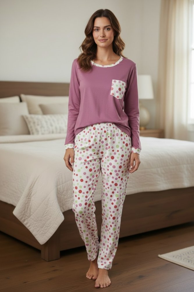 Pijama Mujer lila pantalón bolas colores manga larga TL TM TS