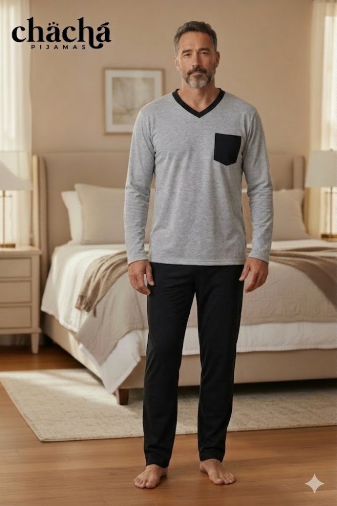 Pijama Hombre gris con pantalón negro cuello V manga larga TL TM