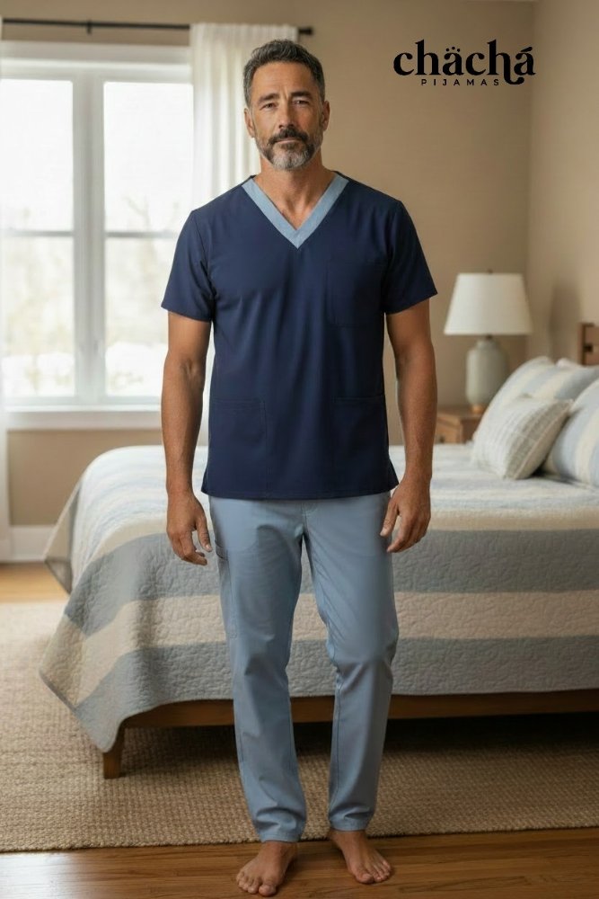 Pijama Hombre azul pantalón celeste cuello V manga corta TL TM