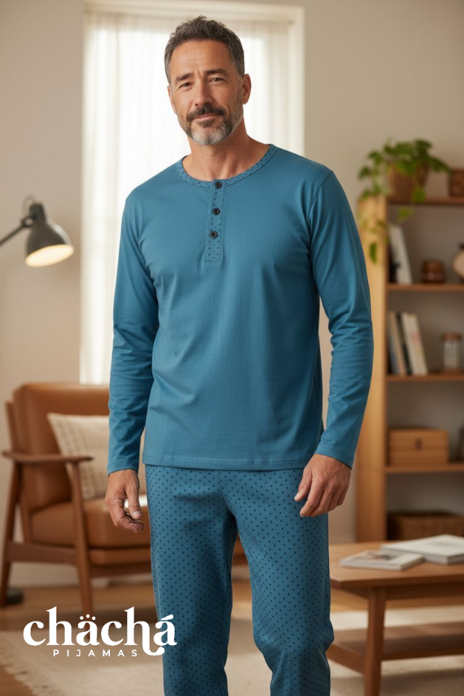 Pijama Hombre acero pantalón puntos manga larga TM