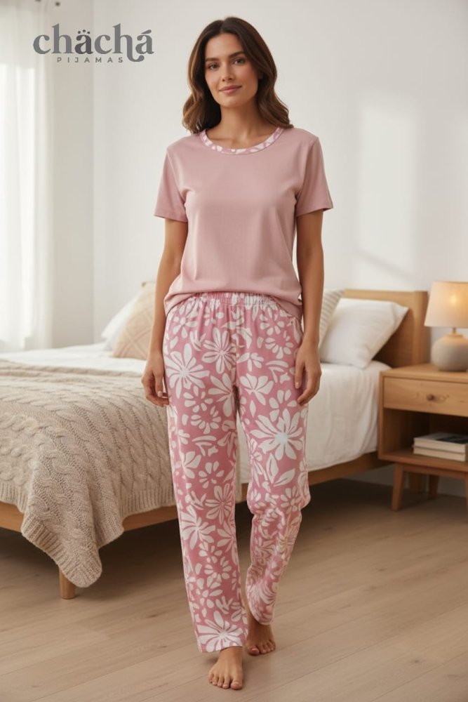 Pijama Mujer Palo Rosa con flores manga corta TM TXL