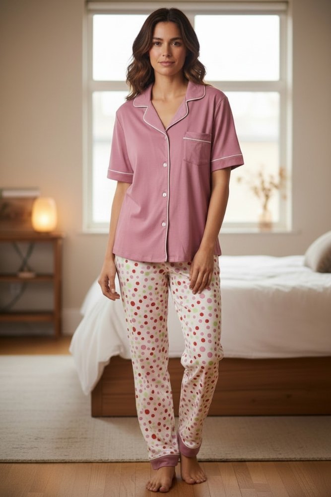 Pijama Mujer lila pantalón bolas colores manga corta c/b TM TXL