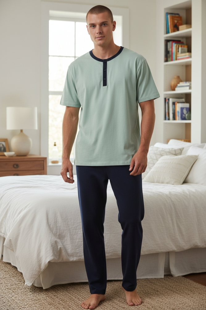 Pijama Hombre verde menta pantalón azul manga corta TL TM